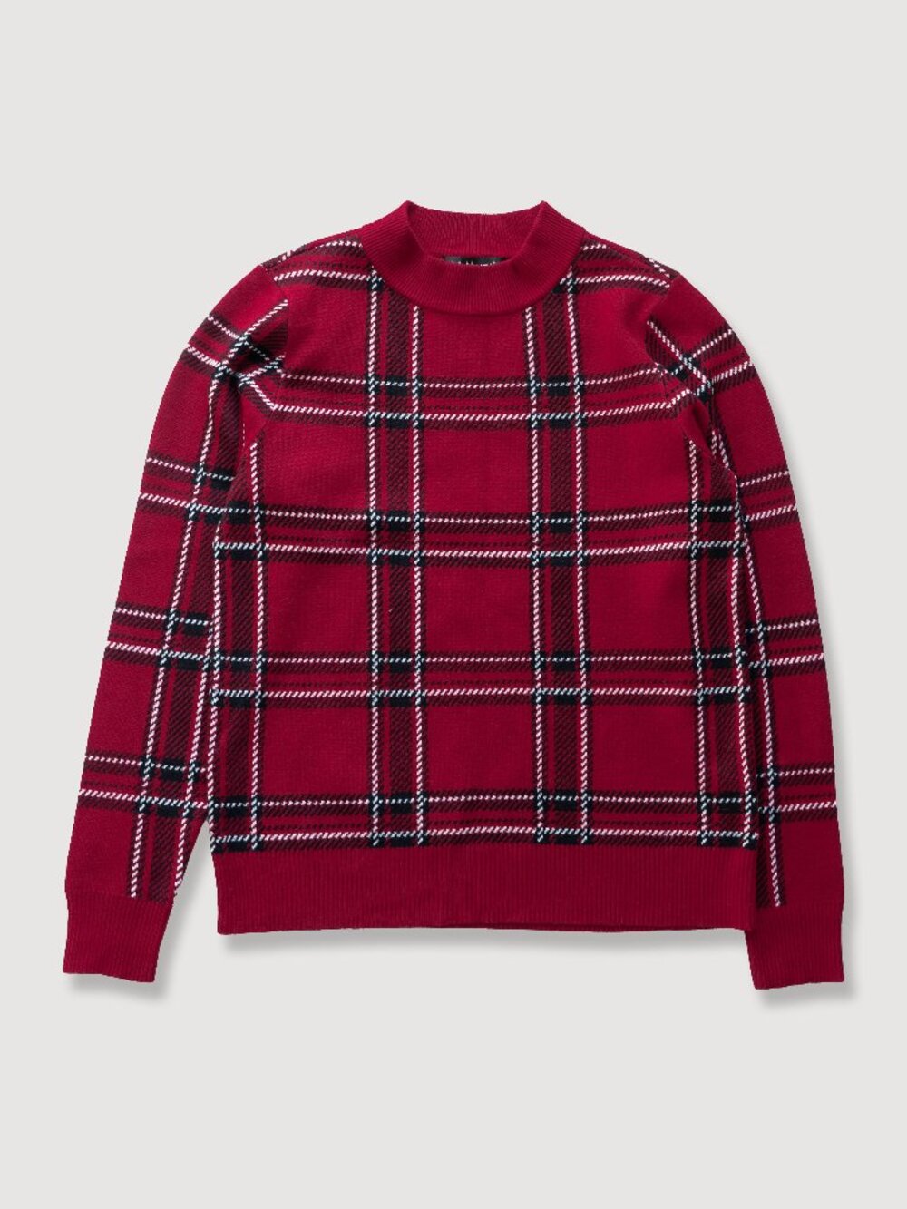 US Sweater Red Plaid Mock Neck Retro Boxy Thin Knit Holiday Pull Over